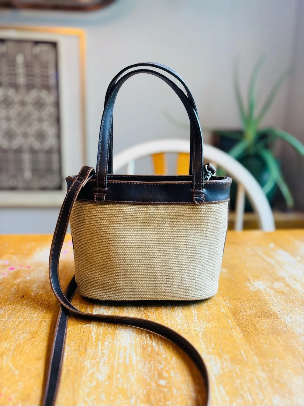 Liz Claiborne Beige Canvas Crossbody Bag with Brown Leather Trim